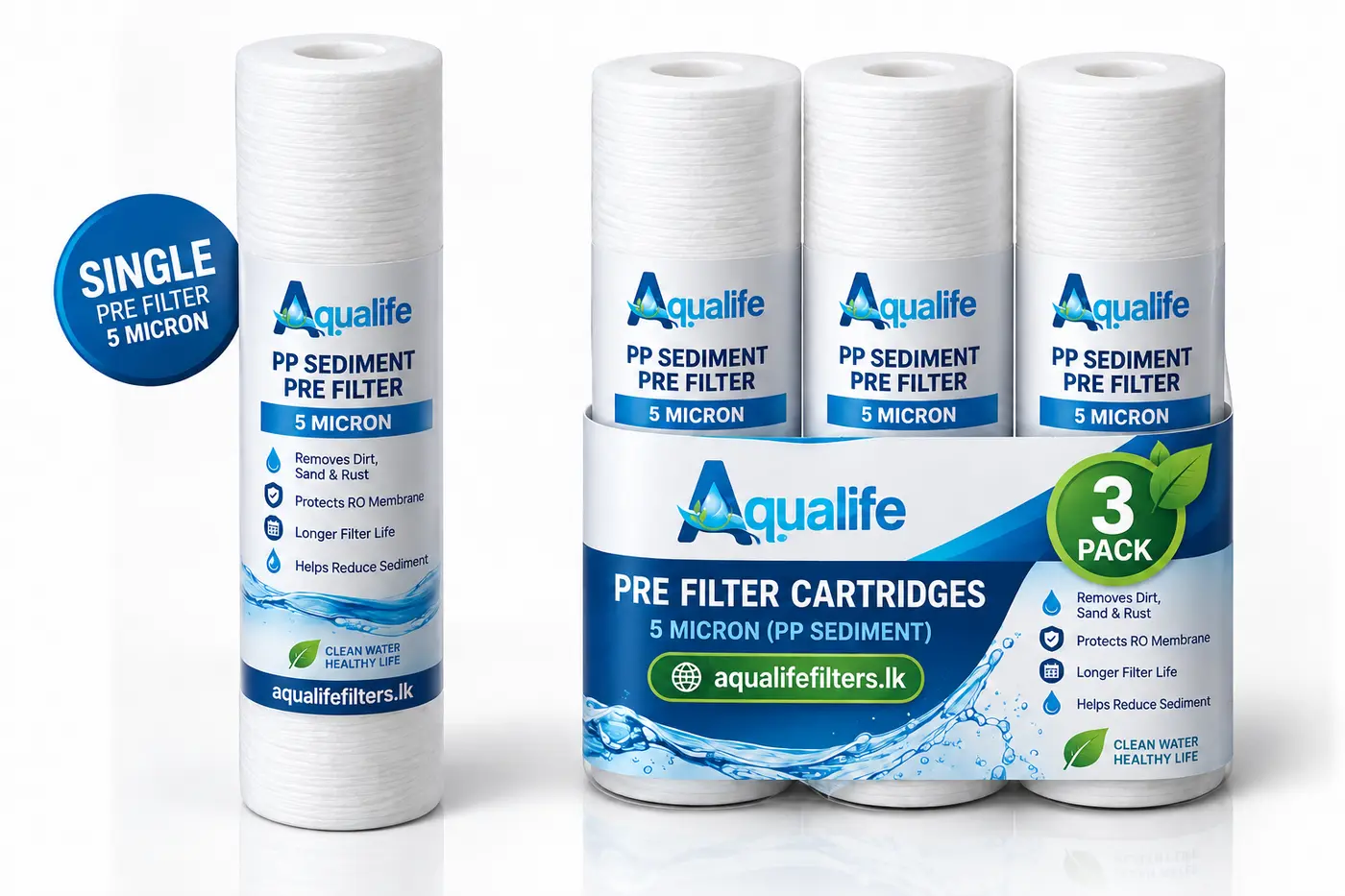 Aqualife 5 micron PP sediment pre-filter cartridge shown as a single cartridge and a three-pack