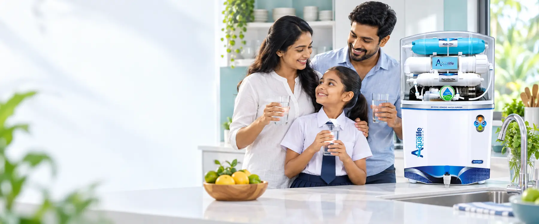 Sri Lankan family with an Aqualife RO domestic water filter in a bright home kitchen